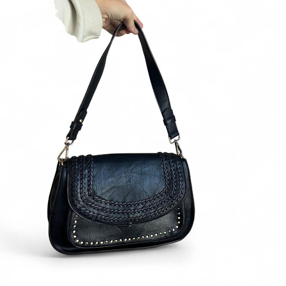 Antik Kraft Black Braided & Studded Crossbody/ Shoulder Bag